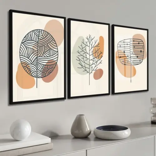 Kit 3 Quadros Decorativos Abstrato Flores Com Moldura Vidro