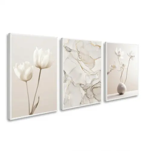 Kit 3 Quadros Decorativos Abstrato Flores Bege Boho Moldura