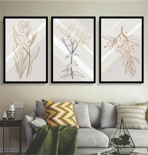 Kit 3 Quadros Decorativos Abstrato Flores Douradas Moldura