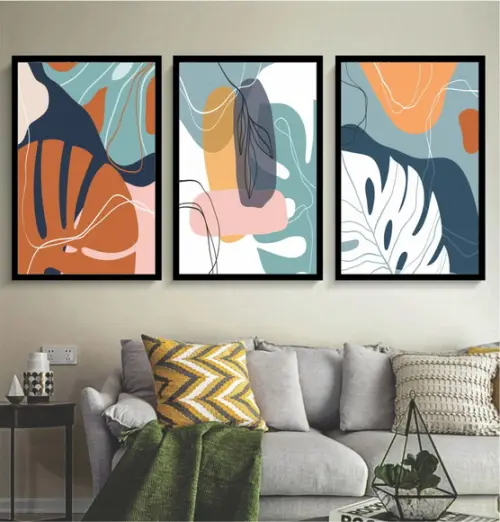 Kit 3 Quadros Decorativos Abstrato Flores Folhagem Moldura