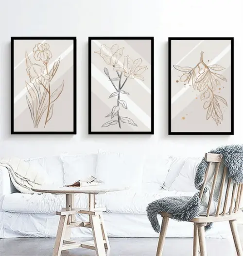 Kit 3 Quadros Decorativos Abstrato Flores Douradas Moldura