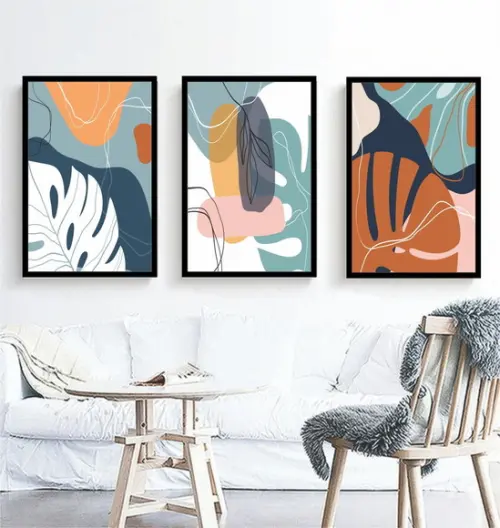 Kit 3 Quadros Decorativos Abstrato Flores Folhagem Moldura