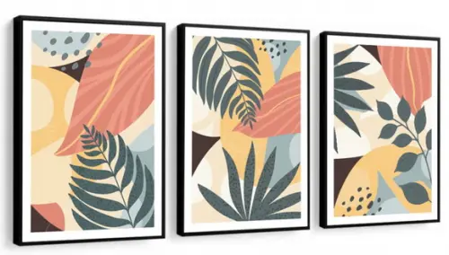 Kit 3 Quadros Decorativos Abstrato Flores Folhagem Moldura