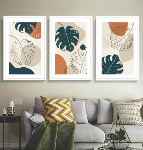 Kit 3 Quadros Decorativos Abstrato Folhagem Desenho Moldura