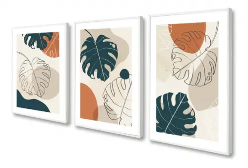 Kit 3 Quadros Decorativos Abstrato Folhagem Desenho Moldura