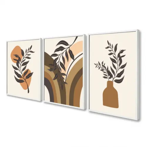 Kit 3 Quadros Decorativos Abstrato Folhagem Boho com Moldura