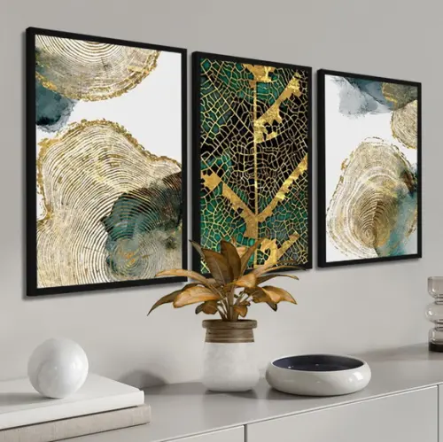 Kit 3 Quadros Decorativos Abstrato Folhagem Gold Com Moldura