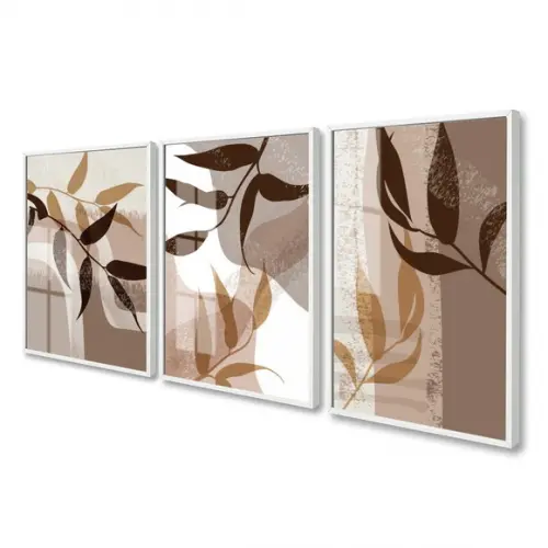 Kit 3 Quadros Decorativos Abstrato Folhagem Marrom com Vidro