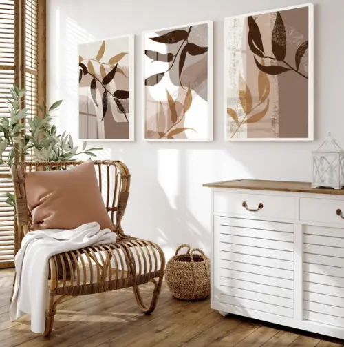 Kit 3 Quadros Decorativos Abstrato Folhagem Marrom com Vidro
