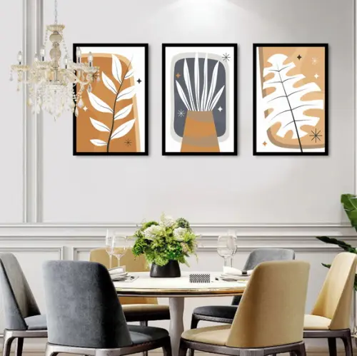Kit 3 Quadros Decorativos Abstrato Folhagem Moderna Moldura
