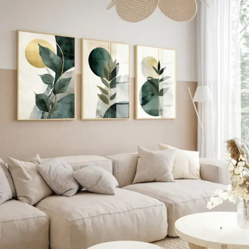 Kit 3 Quadros Decorativos Abstrato Folhagem Verde Luxo Vidro