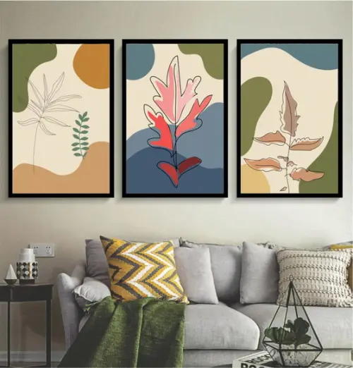 Kit 3 Quadros Decorativos Abstrato Folhagem Moderno Moldura