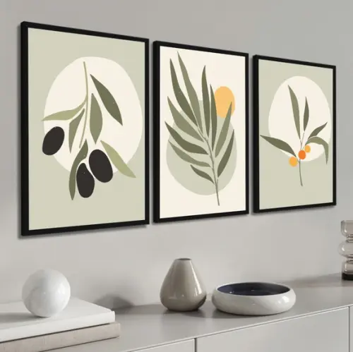 Kit 3 Quadros Decorativos Abstrato Folhagem Verde Moldura