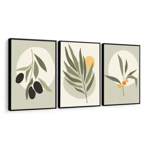 Kit 3 Quadros Decorativos Abstrato Folhagem Verde Moldura