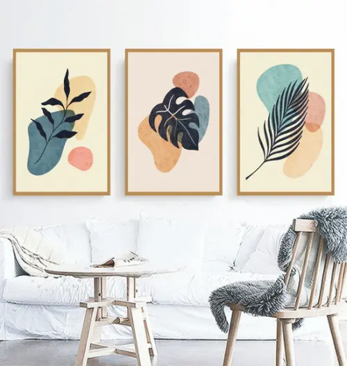 Kit 3 Quadros Decorativos Abstrato Folhas para Sala Molduras