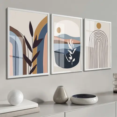 Kit 3 Quadros Decorativos Abstrato Folhas Azul Moderno Vidro