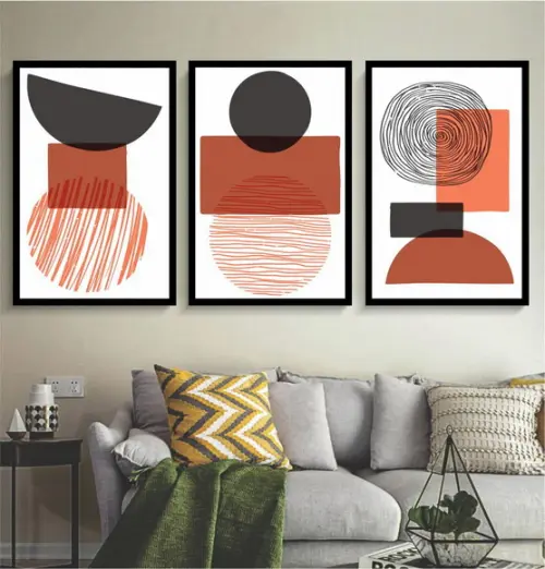 Kit 3 Quadros Decorativos Abstrato Forma Geométrica Moldura