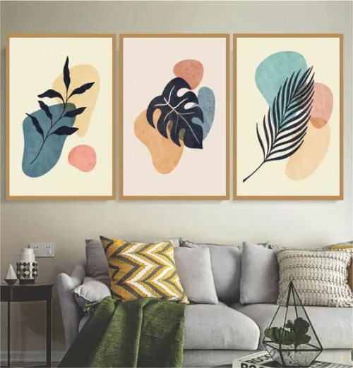 Kit 3 Quadros Decorativos Abstrato Folhas para Sala Molduras