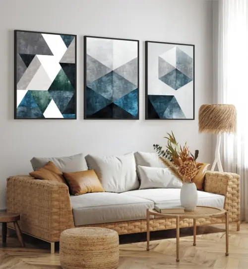 Kit 3 Quadros Decorativos Abstrato Geométrico Azul Moldura