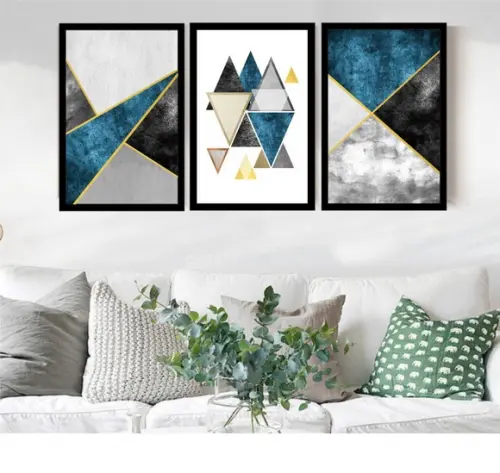 Kit 3 Quadros Decorativos Abstrato Geométrico Azul Moldura
