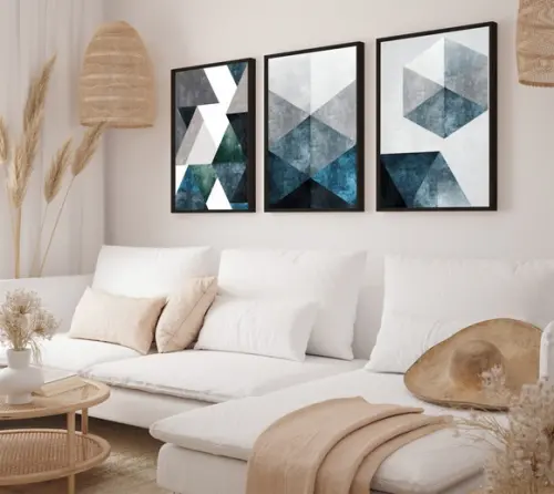 Kit 3 Quadros Decorativos Abstrato Geométrico Azul Moldura