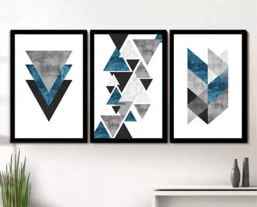 Kit 3 Quadros Decorativos Abstrato Geométrico Azul Molduras