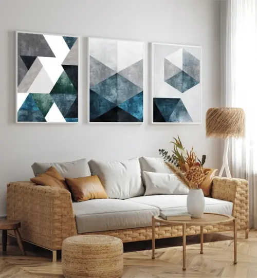 Kit 3 Quadros Decorativos Abstrato Geométrico Azul Para Sala