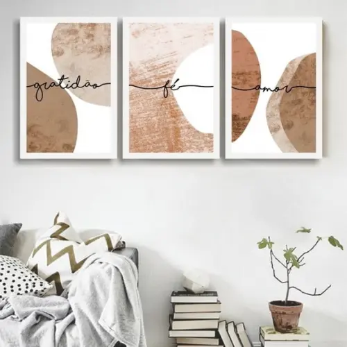 Kit 3 Quadros Decorativos Abstrato Geométrico Marrom Frases