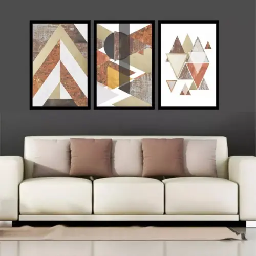Kit 3 Quadros Decorativos Abstrato Geométrico Marrom Moldura