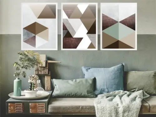 Kit 3 Quadros Decorativos Abstrato Geométrico Neutro Moldura
