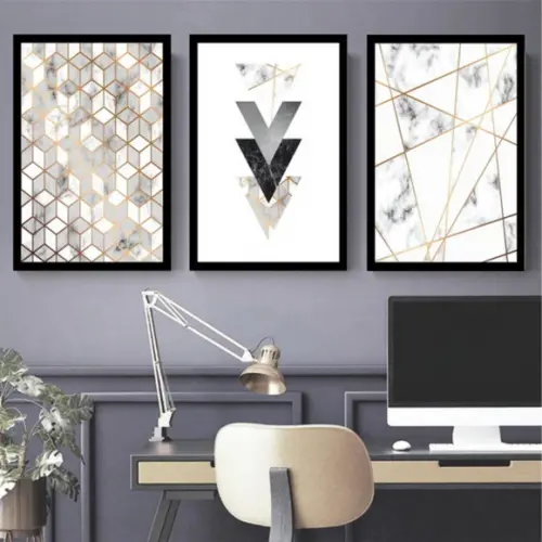 Kit 3 Quadros Decorativos Abstrato Geométrico Sala Molduras