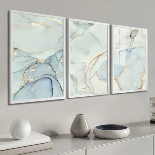 Kit 3 Quadros Decorativos Abstrato Gold Azul Moldura e Vidro