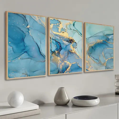 Kit 3 Quadros Decorativos Abstrato Gold Azul Dourado Moldura
