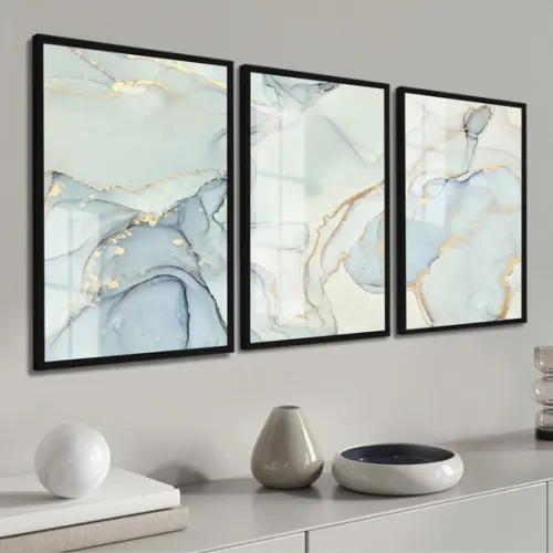 Kit 3 Quadros Decorativos Abstrato Gold Azul Moldura e Vidro