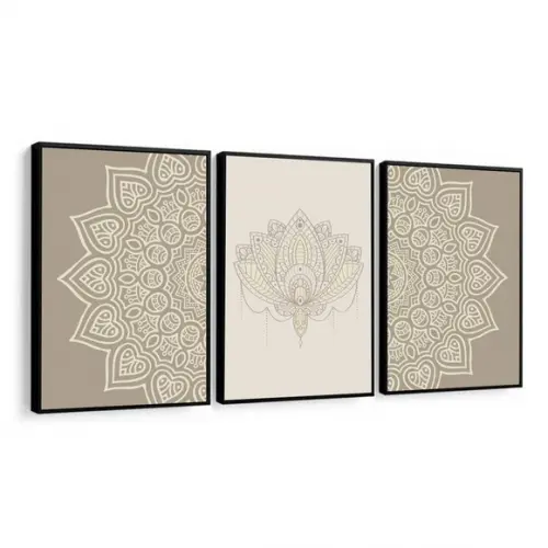 Kit 3 Quadros Decorativos Abstrato Mandala Bege Com Moldura