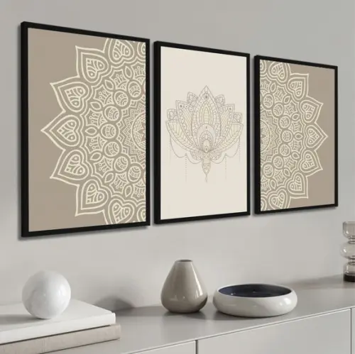 Kit 3 Quadros Decorativos Abstrato Mandala Bege Com Moldura
