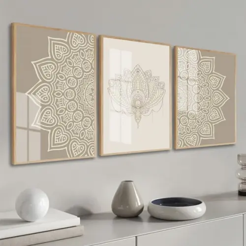Kit 3 Quadros Decorativos Abstrato Mandala Com Moldura Vidro