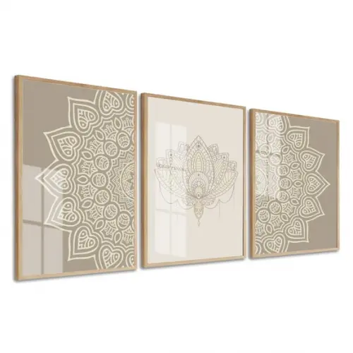 Kit 3 Quadros Decorativos Abstrato Mandala Com Moldura Vidro