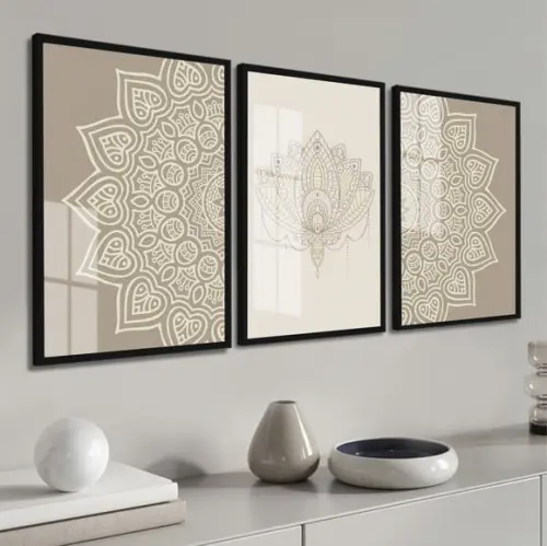 Kit 3 Quadros Decorativos Abstrato Mandala Moldura E Vidro