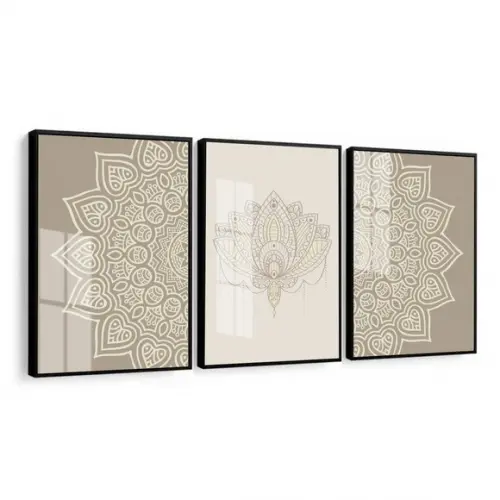 Kit 3 Quadros Decorativos Abstrato Mandala Moldura E Vidro