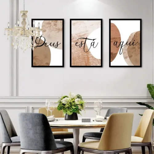 Kit 3 Quadros Decorativos Abstrato Marrom Frases Com Moldura