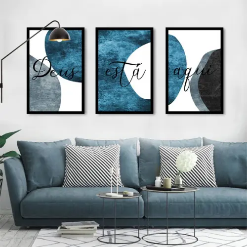 Kit 3 Quadros Decorativos Abstrato Moderno Azul Com Moldura