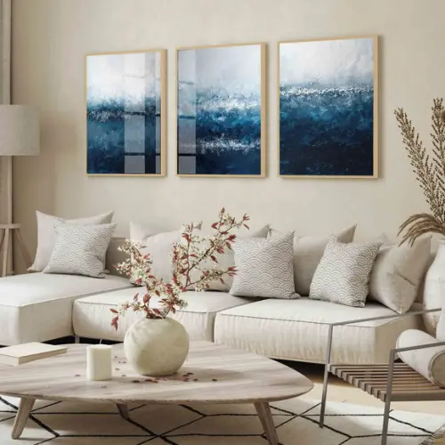 Kit 3 Quadros Decorativos Abstrato Moderno Azul Hall Vidro