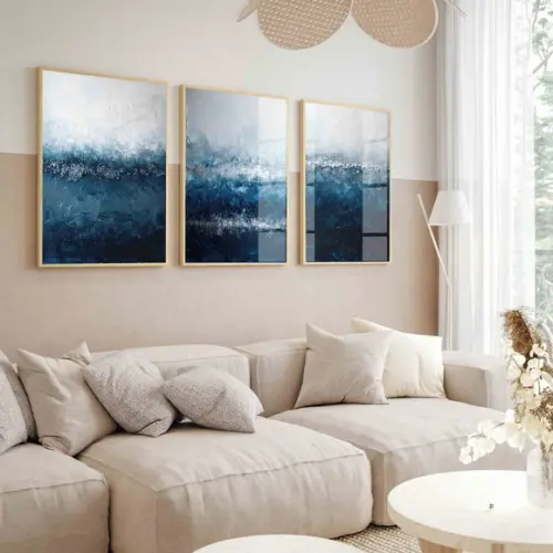 Kit 3 Quadros Decorativos Abstrato Moderno Azul Hall Vidro