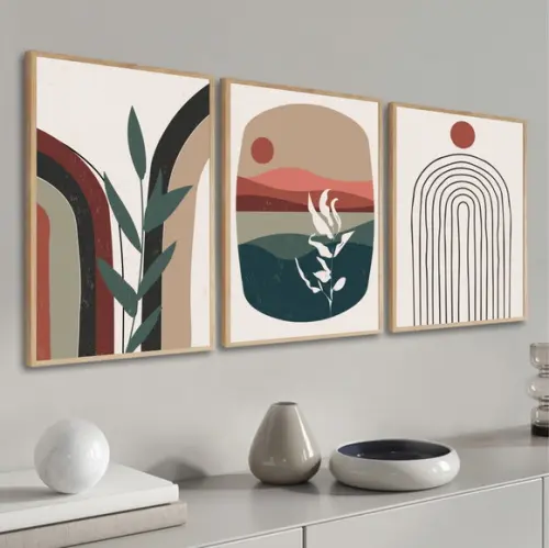 Kit 3 Quadros Decorativos Abstrato Moderno Folhagem Moldura