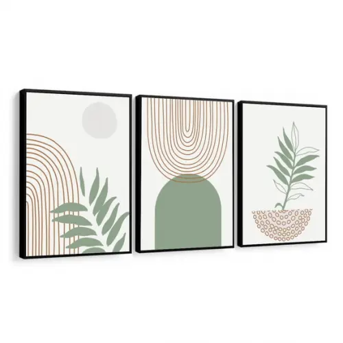 Kit 3 Quadros Decorativos Abstrato Moderno Folhagem Moldura
