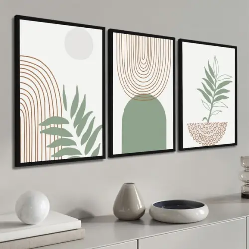 Kit 3 Quadros Decorativos Abstrato Moderno Folhagem Moldura