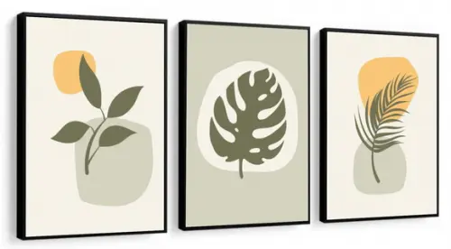 Kit 3 Quadros Decorativos Abstrato Moderno Folhagem Moldura