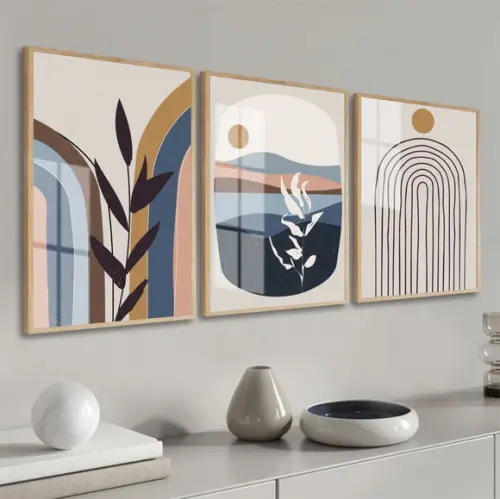 Kit 3 Quadros Decorativos Abstrato Moderno Folhas com Vidro
