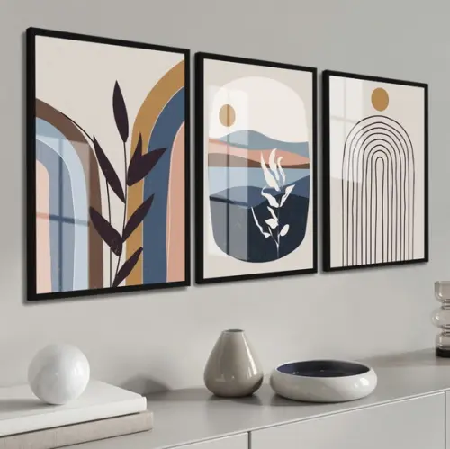 Kit 3 Quadros Decorativos Abstrato Moderno Folhas Azul Vidro